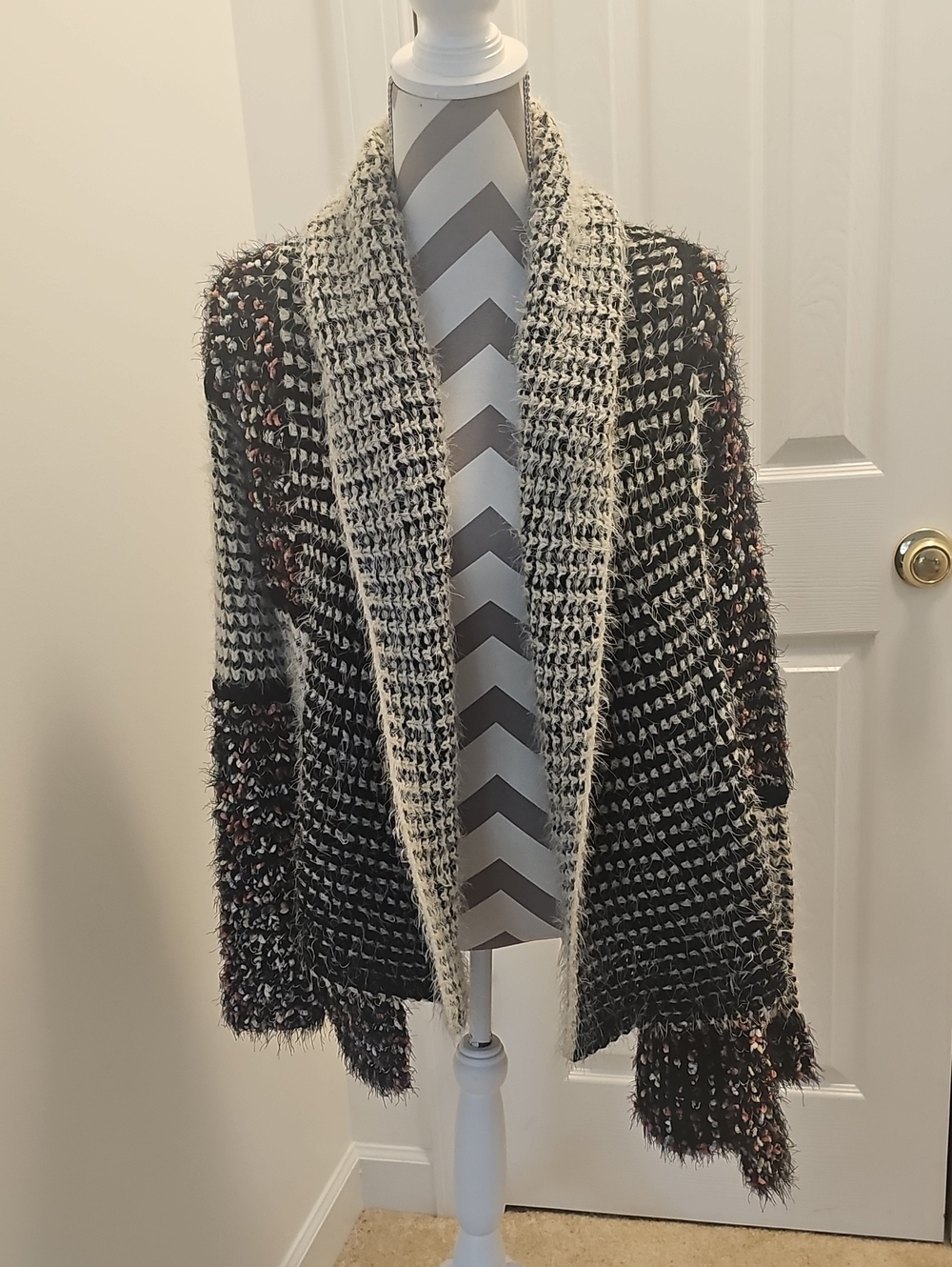 Textured Open-Front Black & Cream Knit Cardigan